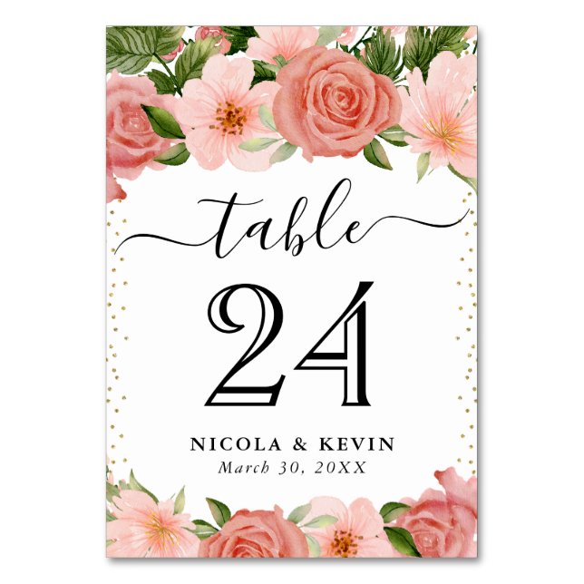 Numéro De Table Watercolor Pink Roses Wedding (Par défaut)