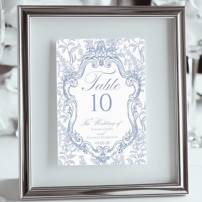 Numéro De Table Wedding Crest Blue Floral Elegant Script (Créateur téléchargé)