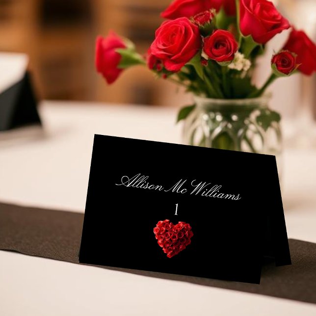 Numéro De Table Wedding Place cards--Heart Shaped Red Roses (Wedding Place Cards Red Roses)