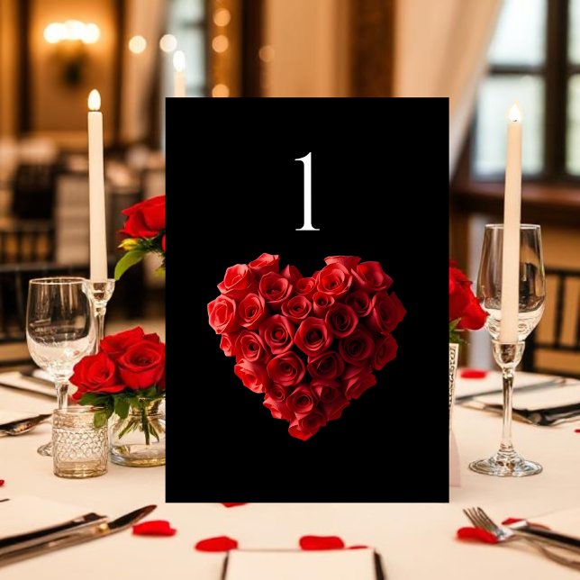 Numéro De Table Wedding Table Number-Heart Shaped Red Roses- (Red Roses in the Shape of a Heart Wedding Collection- Black and White)