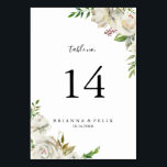 Numéro De Table White Winter Peony Floral Mariage<br><div class="desc">Ce numéro de table blanc à mariages fleuris d'hiver est parfait pour un mariage moderne. Le design présente de belles pivoines blanches dessinées à la main et entassées dans de beaux bouquets aux bourgeons bordeaux et aux feuilles verts. Il s'agit d'un numéro de table recto-verso. Ajoutez chaque numéro de table...</div>