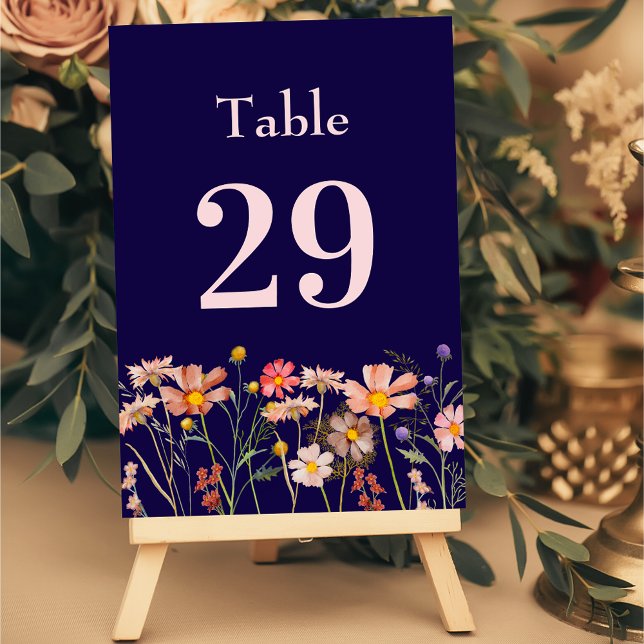 Numéro De Table Wildflower Boho Floral Navy Blue Blush Wedding (Wildflower boho fall floral navy blue blush pink Wedding table number Garden meadow flowers )