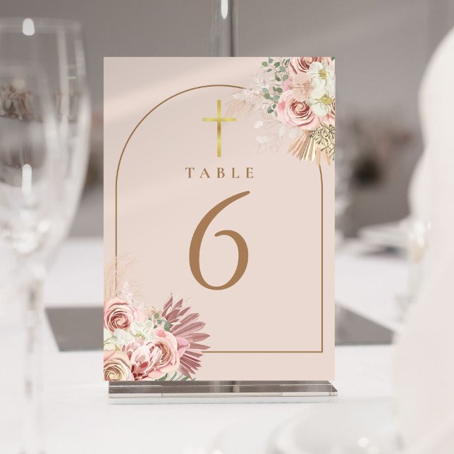 Numéros de table croisés en or floral d'herbe des  (Pampas Grass Floral Gold Cross Table Numbers)