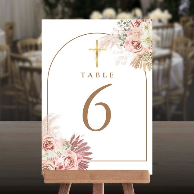 Numéros de table croisés en or floral Herbe de la  (Pampas Grass Floral Gold Cross Table Numbers)