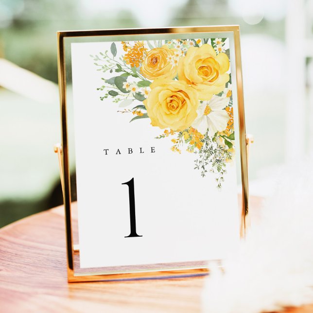 Numéros de table de mariage à la rose florale jaun (Yellow rose wedding table number sign, watercolor floral table number card, elegant reception decor)