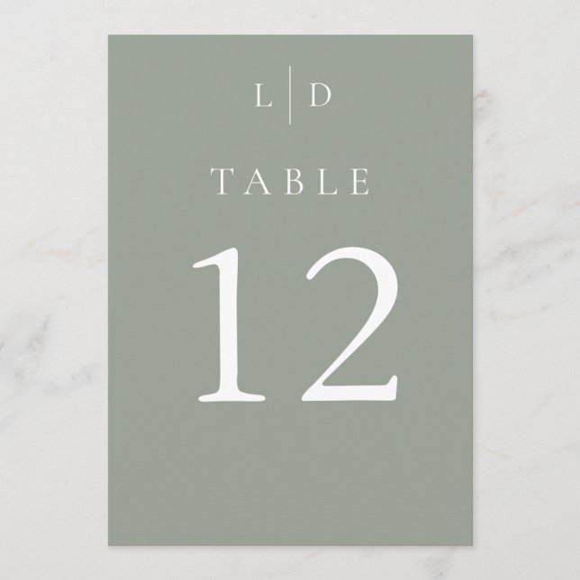 Numéros de table de mariage à monogramme chic vert (Devant)