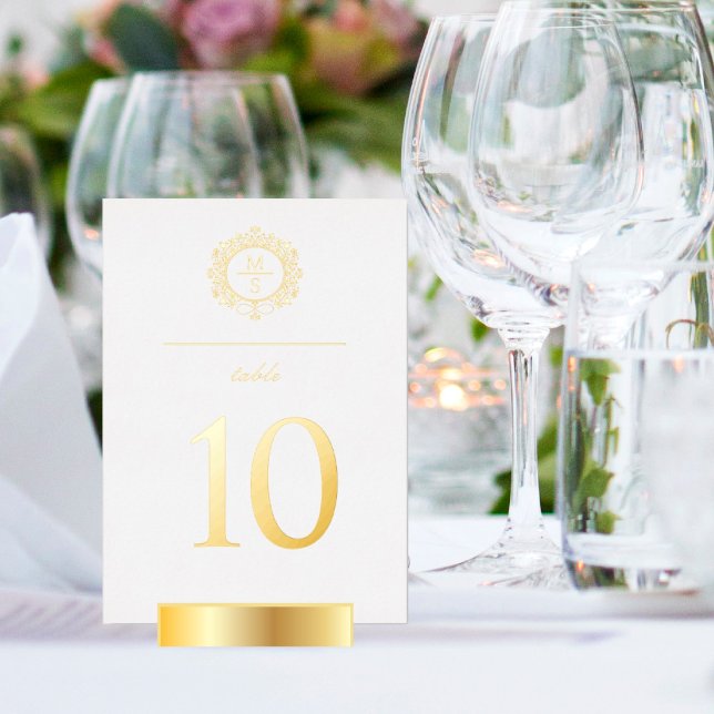 Numéros de table de mariage à monogramme doré (I wish you happiness!)