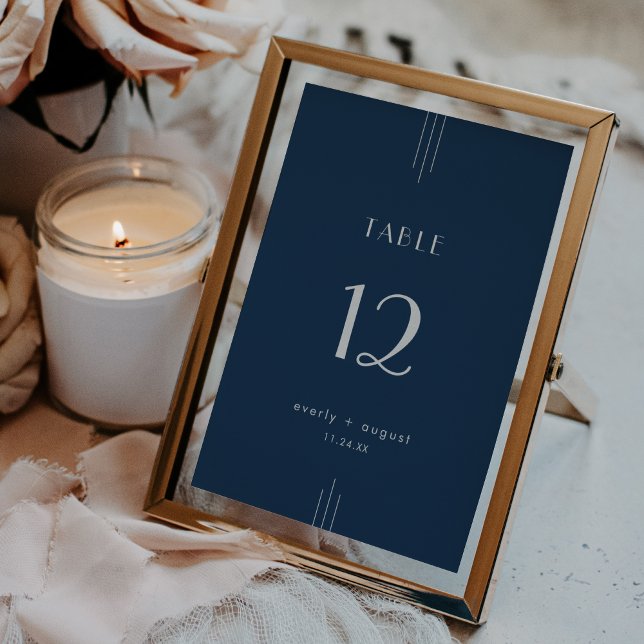 Numéros de table de mariage Art Déco bleu marine E (EVERLY Art Deco Navy Blue Wedding Table Numbers)