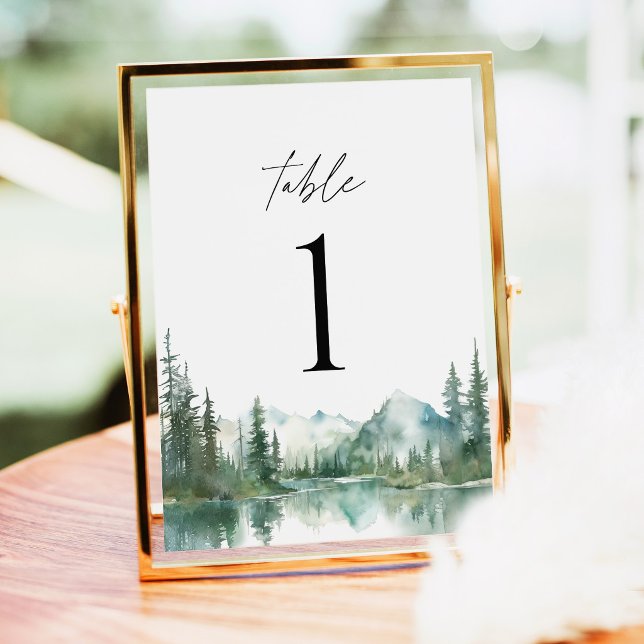 Numéros de table de mariage au bord d'un lac de mo (Mountain Lake Wedding Table Numbers, Watercolor Forest Reception Gold Decor, Woodland Table Number)