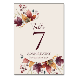 Numéros de table de mariage automnal à feuille d'é