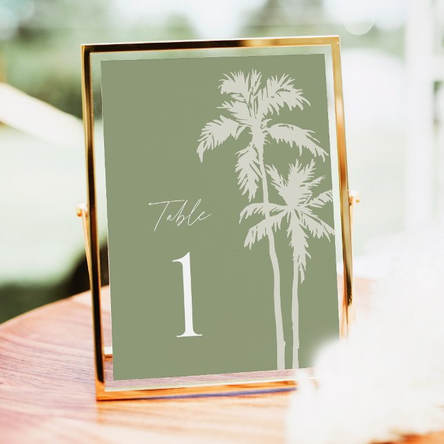 Numéros de table de mariage avec palmier, Sage Tro (Palm Tree Wedding Table Numbers Sage Green Tropical Reception Sign Gold Frame Destination Decor)