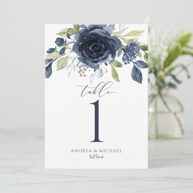 Numéros de table de mariage bleu marine floral aqu (Debout devant)