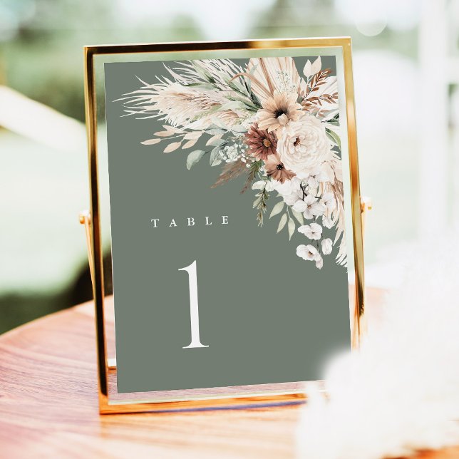 Numéros de table de mariage Boho, floral aux herbe (Sage Green Boho Wedding Table Number Card, Pampas Grass Floral Reception Gold Decor Table Numbers)