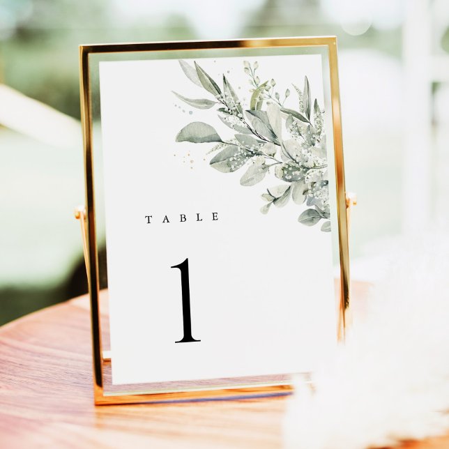 Numéros de table de mariage botanique vert sauge (Sage green botanical wedding table number card, eucalyptus greenery, gold frame table display)