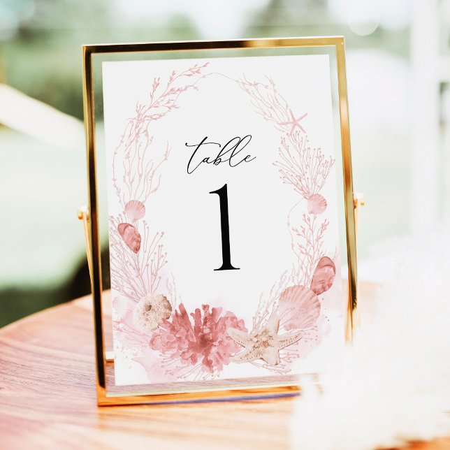 Numéros de table de mariage Coquillages côtiers de (Coastal Blush Seashell Wedding Table Number Card Pink Beach Destination Reception Decor Gold Decor)