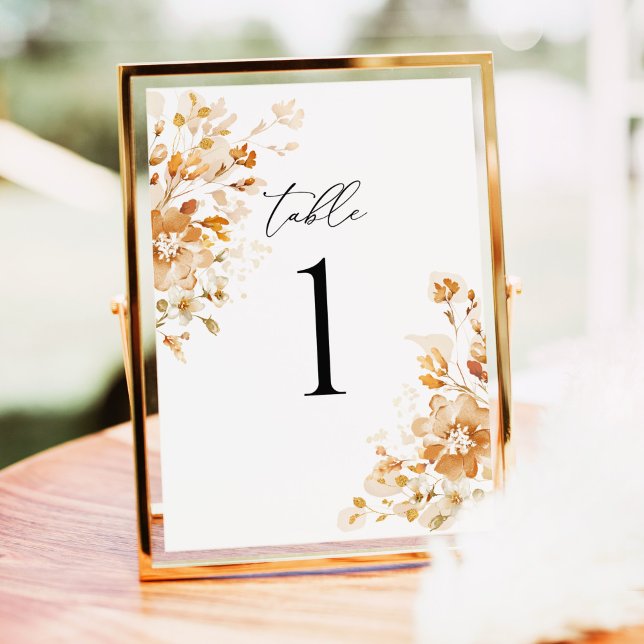 Numéros de table de mariage élégants en terracotta (Terracotta floral table number wedding sign, burnt orange watercolor, elegant ceremony gold frame)