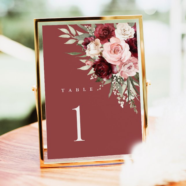 Numéros de table de mariage en Bourgogne, Floral r (Burgundy blush floral wedding table number sign, elegant burgundy pink rose watercolor table decor)