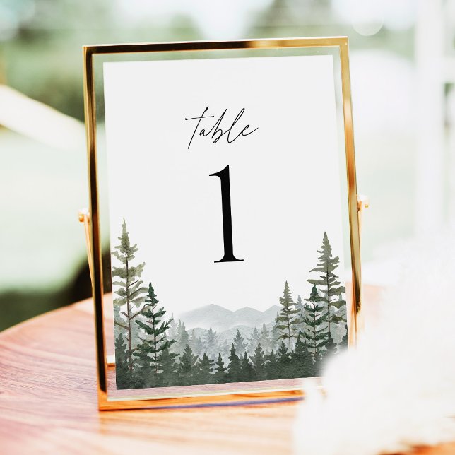 Numéros de table de mariage en pin de forêt de mon (Mountain Forest Wedding Table Numbers, Sage Green Pine Woodland Reception Table Number Gold Decor)