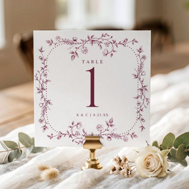 Numéros de table de mariage en toile florale franç (Dark wine red square wedding table number with vintage French floral frame.)