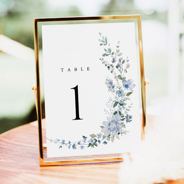 Numéros de table de mariage floraux à fleurs sauva (Dusty Blue Wildflower Wedding Table Numbers, Blue Floral Reception Table Sign in Gold Frame Decor)