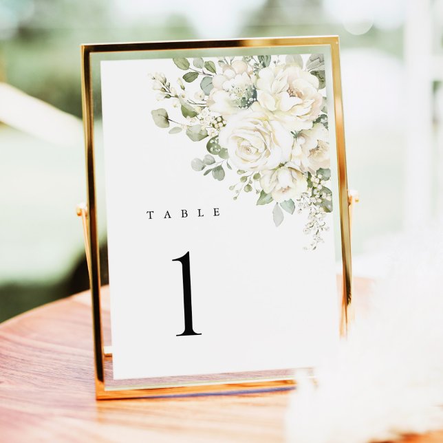 Numéros de table de mariage floraux blancs et vert (Sage green white floral wedding table number, watercolor roses in gold frame for luxury reception)