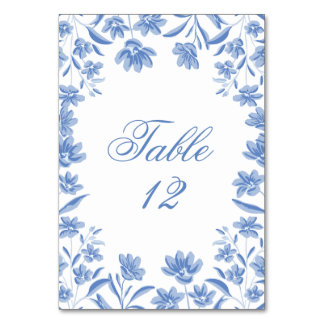 Numéros de table de mariage floraux bleus et blanc