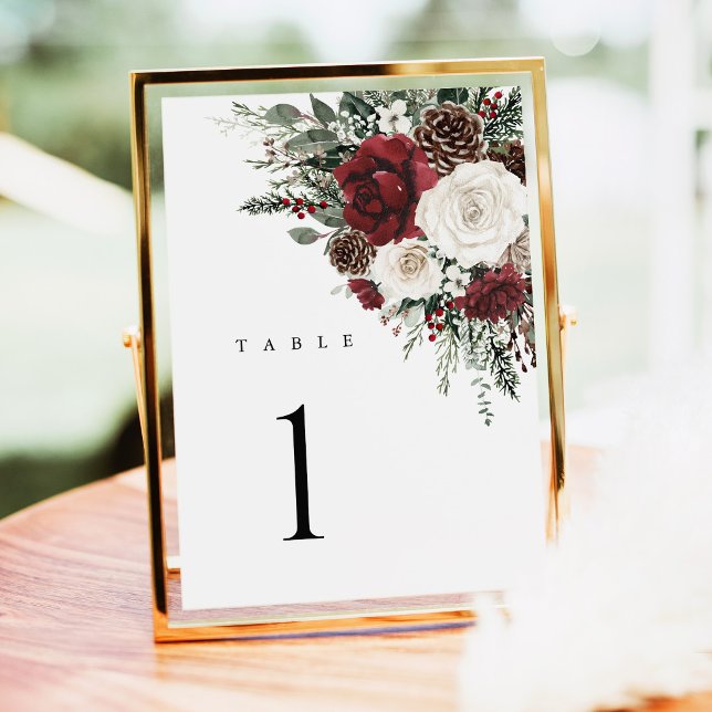 Numéros de table de mariage floraux d'hiver en Bou (Burgundy winter floral wedding table numbers card elegant holiday table number reception decor)