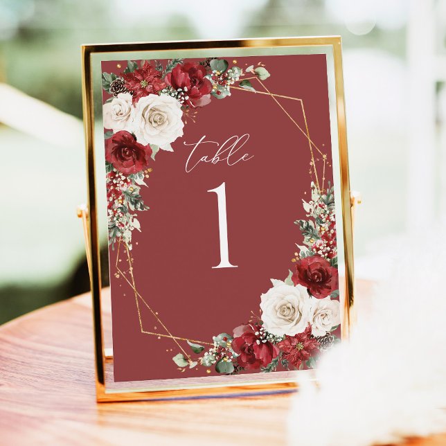 Numéros de table de mariage floraux d'hiver en or  (Burgundy gold winter floral wedding table numbers, elegant geometric reception centerpiece sign)