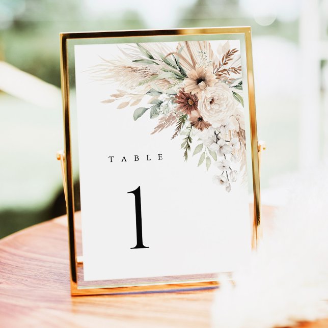 Numéros de table de mariage floraux en herbe de Pa (Boho Pampas Grass Floral Wedding Table Number Card, Neutral Beige Sage Green Reception Gold Decor)