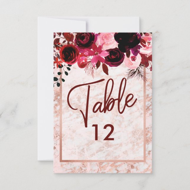 Numéros de table de mariage floraux et dorés rose  (Devant)