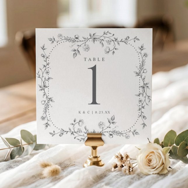 Numéros de table de mariage floraux français gris  (Silver gray square wedding table number with vintage French floral frame.)