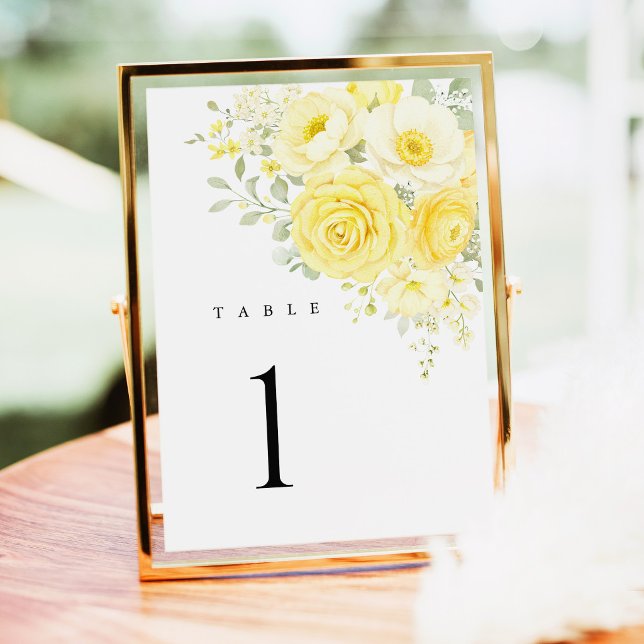 Numéros de table de mariage floraux jaune beurre i (butter yellow ivory floral wedding table number, yellow rose table number sign reception table decor)