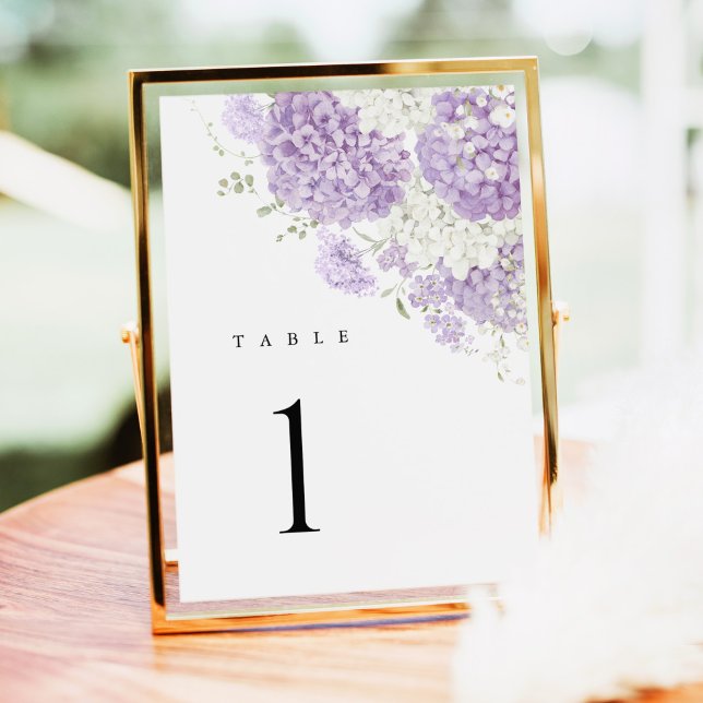 Numéros de table de mariage floraux lilas lavande  (Lavender lilac white floral hydrangea wedding table number sign, elegant watercolor table decor)
