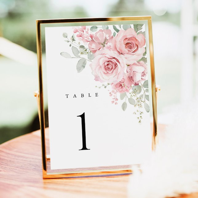 Numéros de table de mariage floraux Rose Blush (Blush Rose Floral Wedding Table Numbers, Watercolor Blush Pink Reception Table Sign in Gold Decor)
