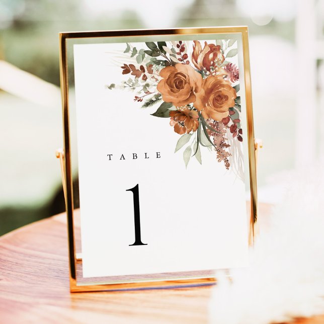 Numéros de table de mariage floraux rose boho en t (Terracotta rose floral wedding table number card with watercolor, elegant boho table, gold frame)