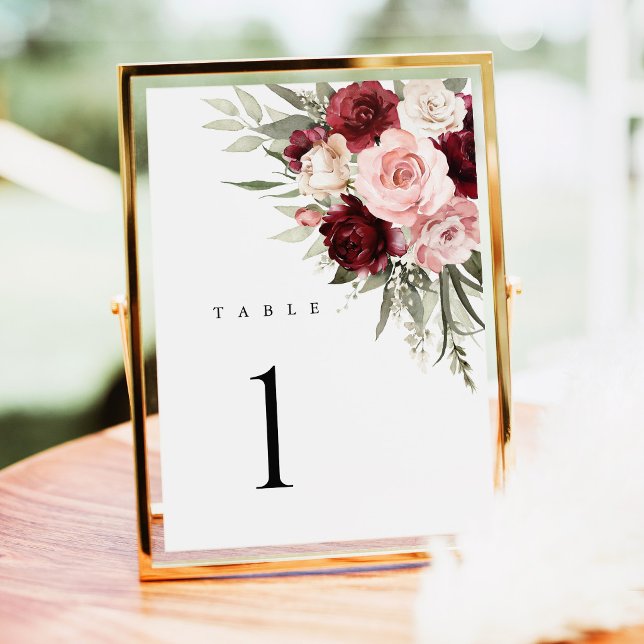 Numéros de table de mariage floraux rose Bourgogne (burgundy blush pink floral wedding table numbers, elegant rose reception table decor signage)
