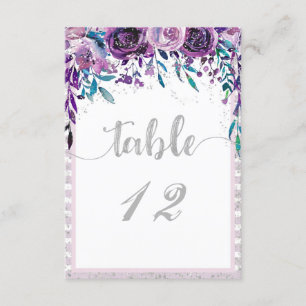 Numéros de table de mariage floraux violets et arg