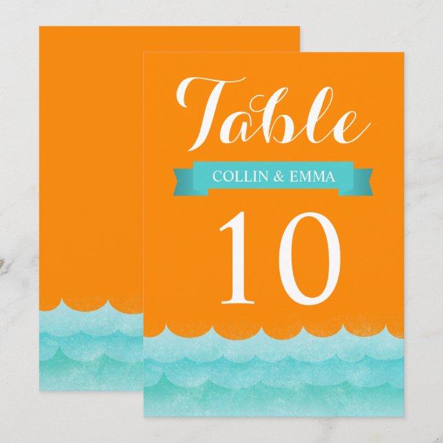 Numéros de table de mariage nautique Orange en mer (Devant / Derrière)
