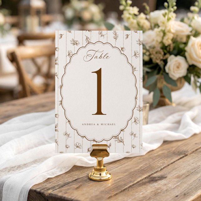 Numéros de table de mariage ovale vintage marron (Brown & cream vintage French floral oval scalloped wedding table number with Victorian botanical fra)