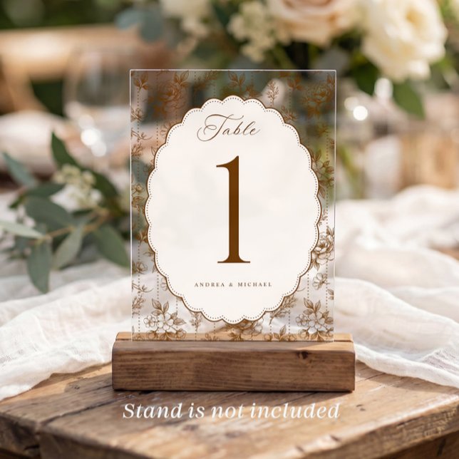 Numéros de table de mariage ovales marron vintage (Brown & cream vintage French floral acrylic oval scalloped wedding table number with botanical frame)