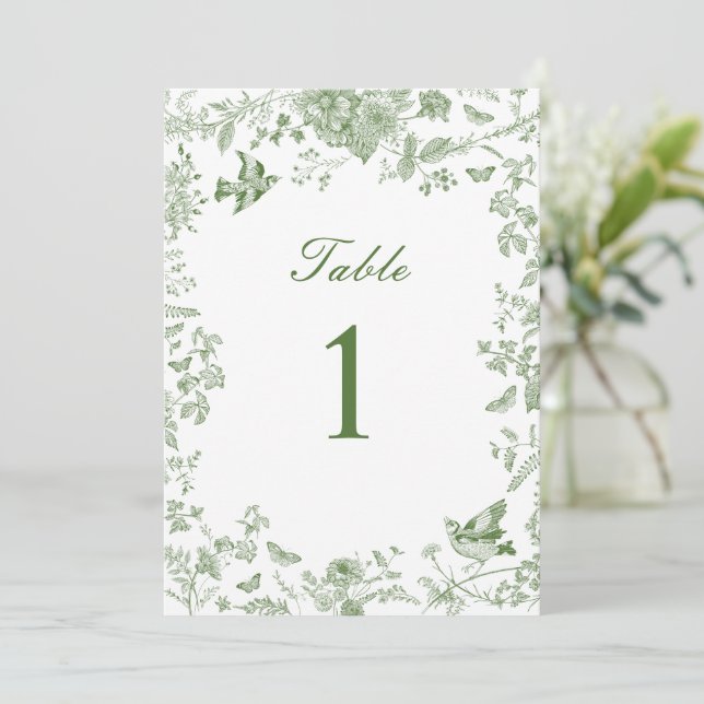 Numéros de table de mariage Toile De Jouy verte (Debout devant)