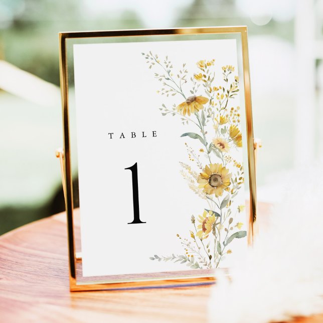 Numéros de table de mariage tournesol fleur sauvag (yellow wildflower sunflower wedding table number sign floral table number gold frame reception decor)