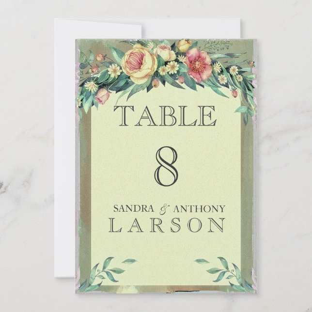 Numéros de table de mariage vert floral aquarelle (Devant)
