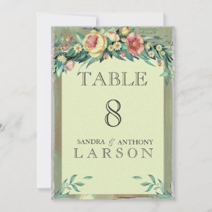 Numéros de table de mariage vert floral aquarelle