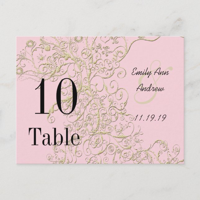Numéros de table élégants rose avec des volutes do (Devant)