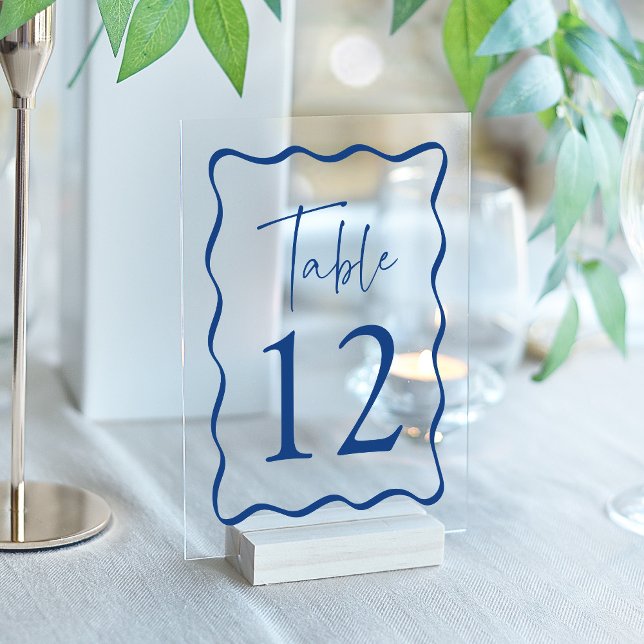 Numéros de table en acrylique à cadre ondulé bleu  (Please note: this table card does not come with a stand.)