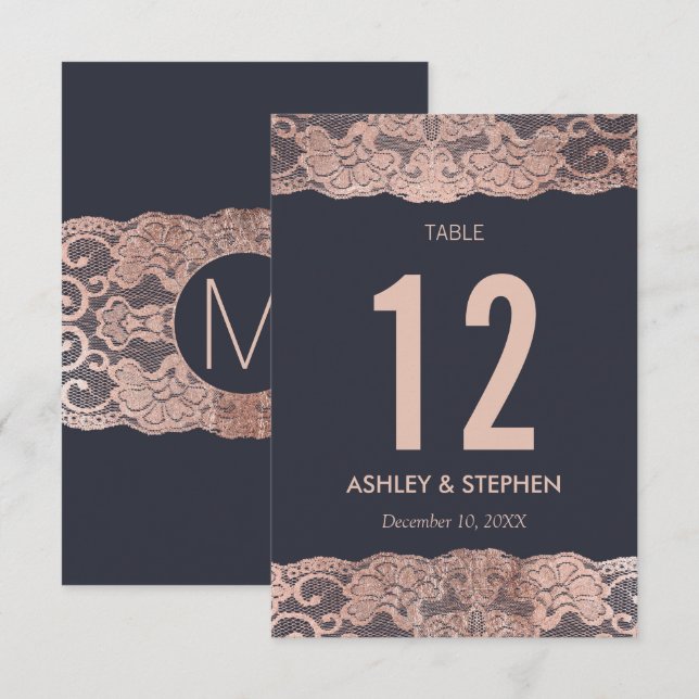 Numéros de table en dentelle d'or rose et bleu mar (Devant / Derrière)