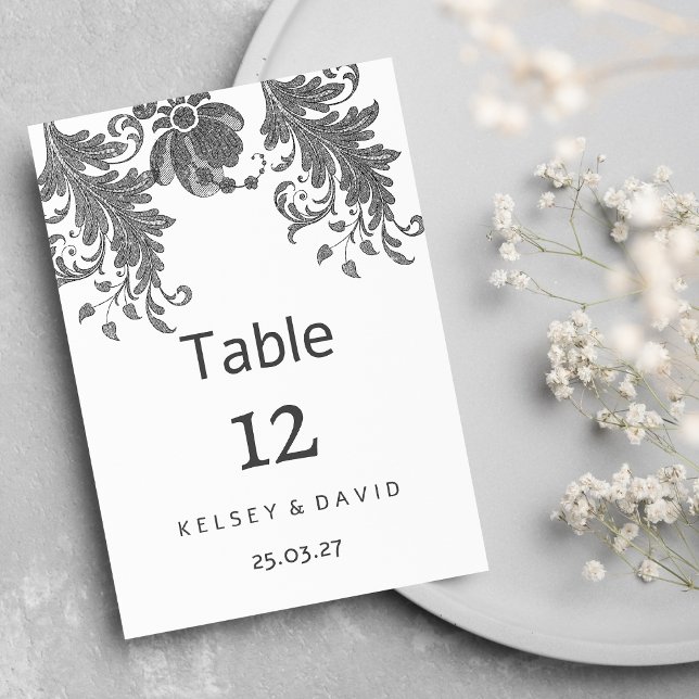 Numéros de table en dentelle florale à paillettes  (Chic black white glitter floral lace Table Numbers)