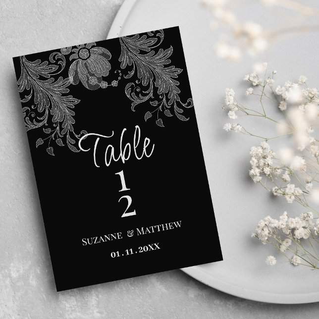 Numéros de table en dentelle florale noir et blanc (Elegant black and white floral lace Table Numbers)