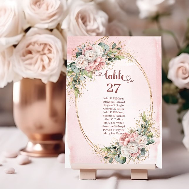 Numéros de table en or floral rose poussiéreux (Dusty Pink Floral Eucalyptus Gold Table Numbers)